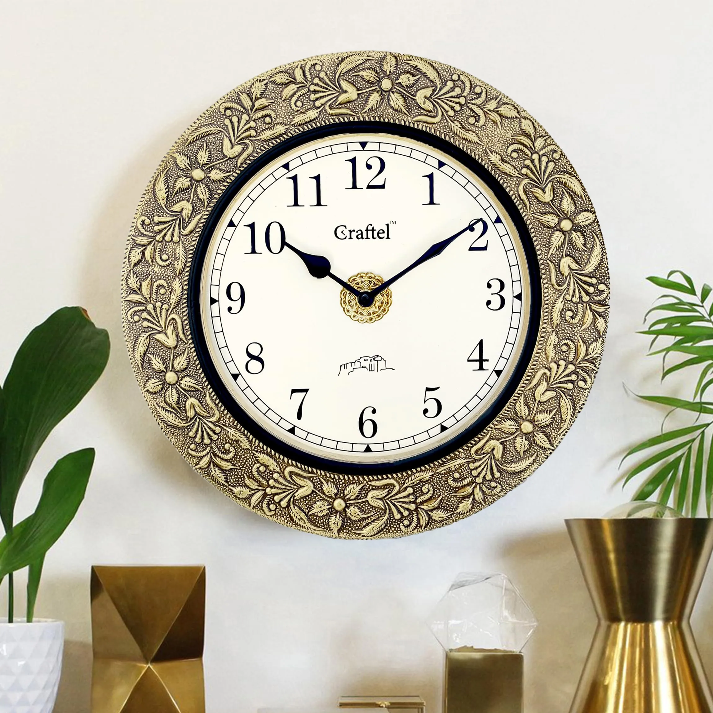 CRAFTEL 12" Brass Embossed Antique Wall Clock Vintage Round Analog Clock For Bedroom Living Room Home And Office : English Dial- 8 Inches