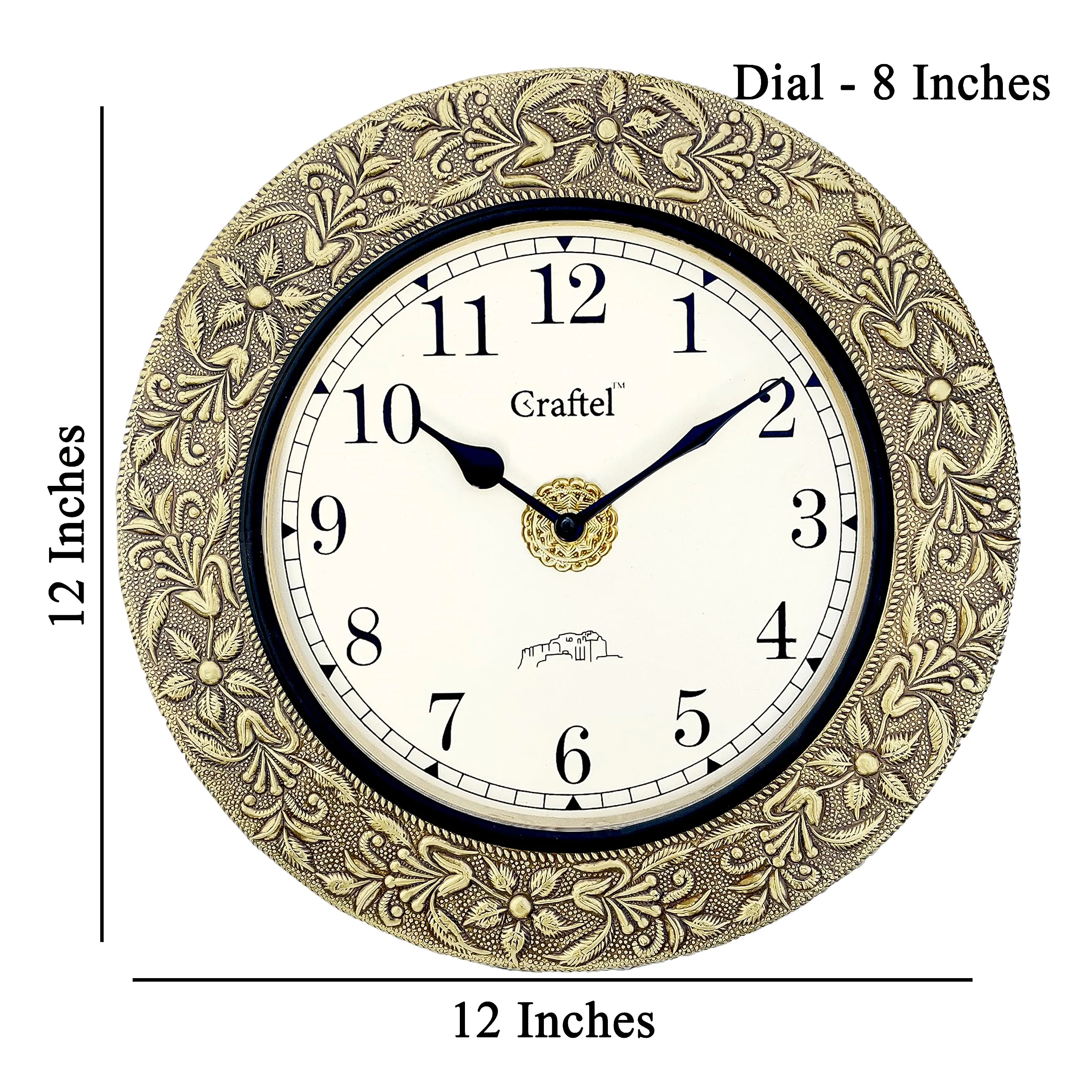 CRAFTEL 12" Brass Embossed Antique Wall Clock Vintage Round Analog Clock For Bedroom Living Room Home And Office : English Dial- 8 Inches