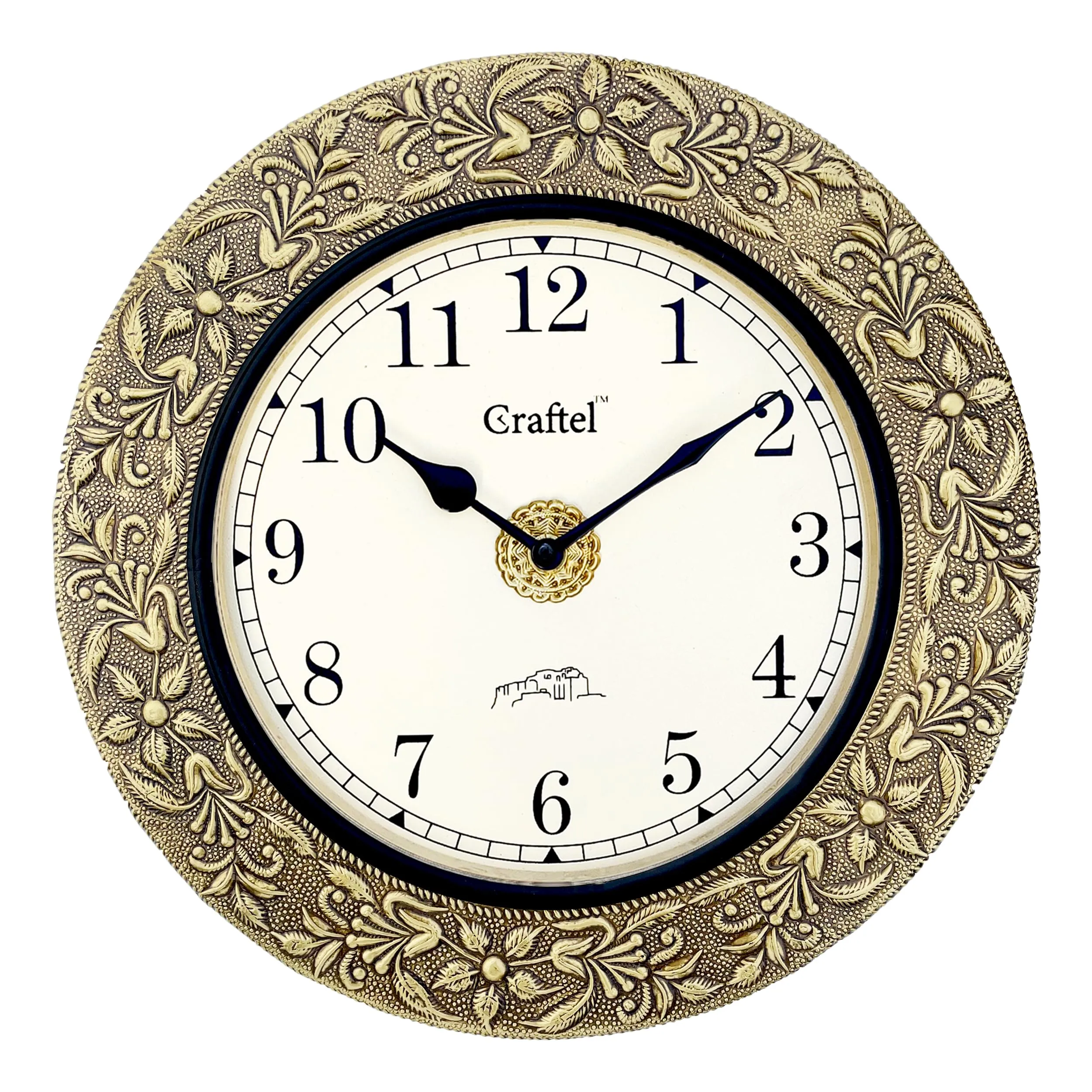 CRAFTEL 12" Brass Embossed Antique Wall Clock Vintage Round Analog Clock For Bedroom Living Room Home And Office : English Dial- 8 Inches