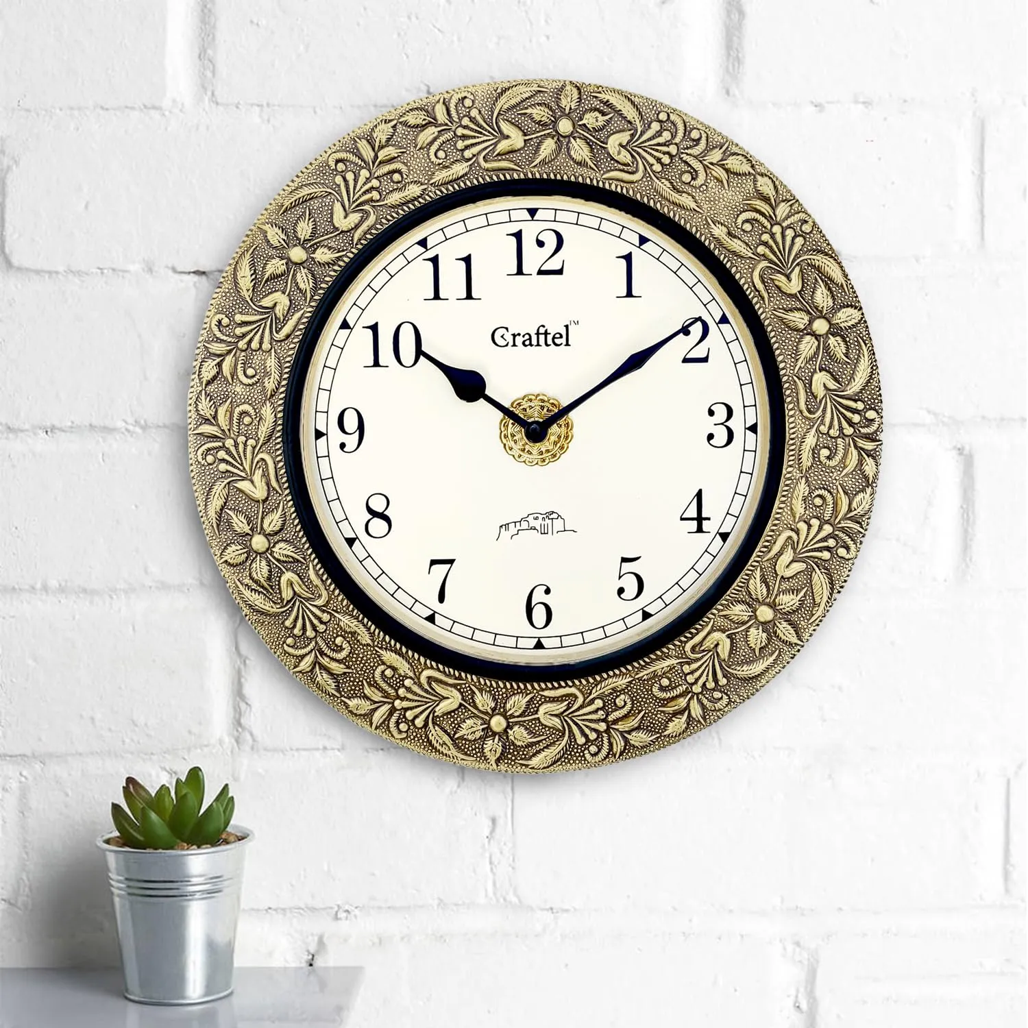 CRAFTEL 12" Brass Embossed Antique Wall Clock Vintage Round Analog Clock For Bedroom Living Room Home And Office : English Dial- 8 Inches