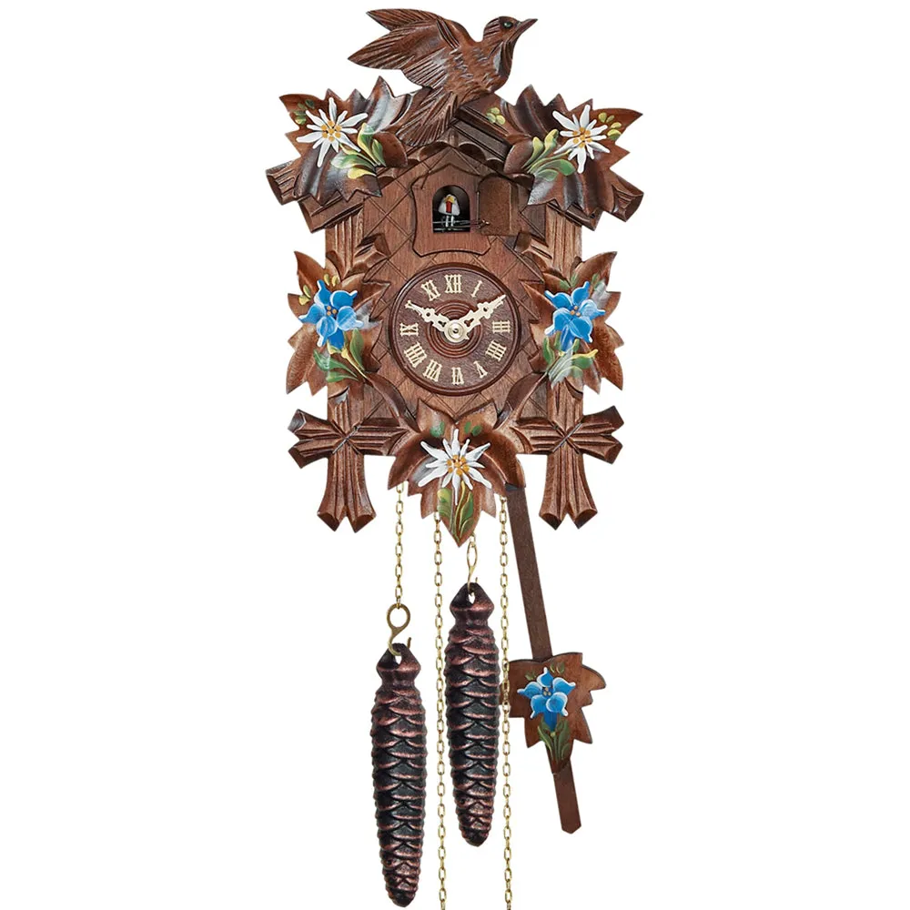 Cuckoo Clock - Quartz with Painted Edelweiss & Gentian - Engstler