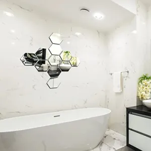 DecorWear 11 Hexagon Mirror Silver Plastic Wall Stickers for Wall Size (10.5x12.1) Cm Acrylic Mirror Wall Decor Sticker, Wall Mirror Stickers, 3D Hexagonal Mirror Wall Sticker (C-11HexaSilver)