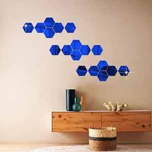 DecorWear 18 Hexagon Mirror Wall Stickers Blue Mirror Stickers for Wall Stickers for Wall Size (10.5x12.1) Cm 3D Acrylic Mirror Wall Decor Sticker, Wall Mirror Stickers, Unframed Hexagonal Stickers