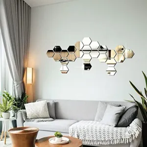 DecorWear 24 Hexagon Mirror Silver Plastic Wall Stickers for Wall Size (10.5x12.1) Cm Acrylic Mirror Wall Decor Sticker, Wall Mirror Stickers, 3D Hexagonal Mirror Wall Sticker (A-24HexaSilver)