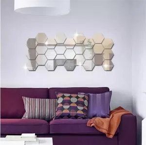 DecorWear 27 Hexagon Mirror Silver Plastic Wall Stickers for Wall Size (10.5x12.1) Cm Acrylic Mirror Wall Decor Sticker, Wall Mirror Stickers, 3D Hexagonal Mirror Wall Sticker (B-27HexaSilver)