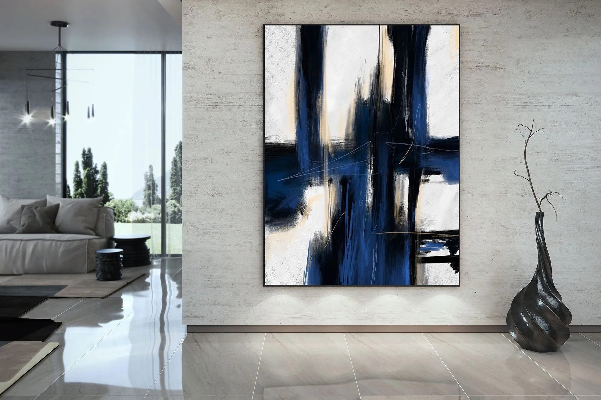 Deep Blue And White Minimal Abstract Painting Contemporary Painting on Canvas Kp058