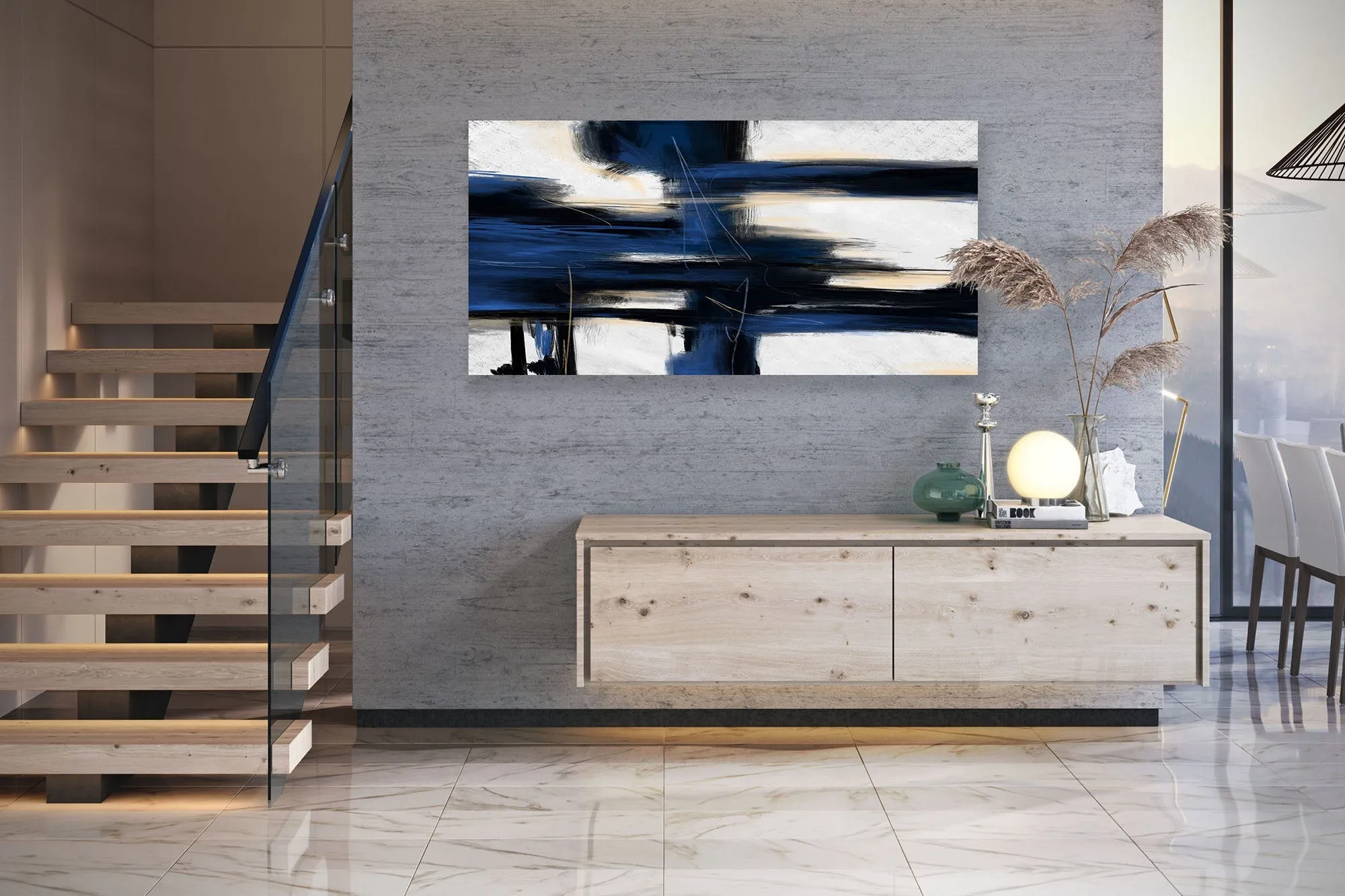 Deep Blue And White Minimal Abstract Painting Contemporary Painting on Canvas Kp058