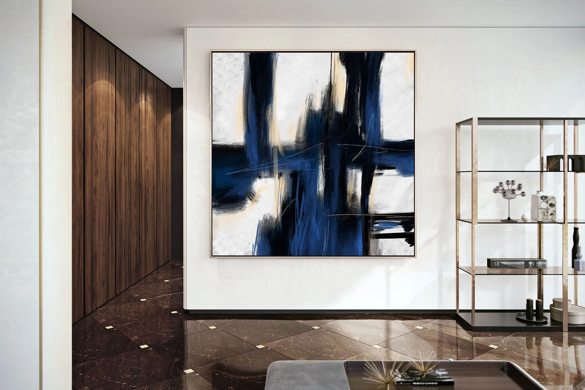 Deep Blue And White Minimal Abstract Painting Contemporary Painting on Canvas Kp058