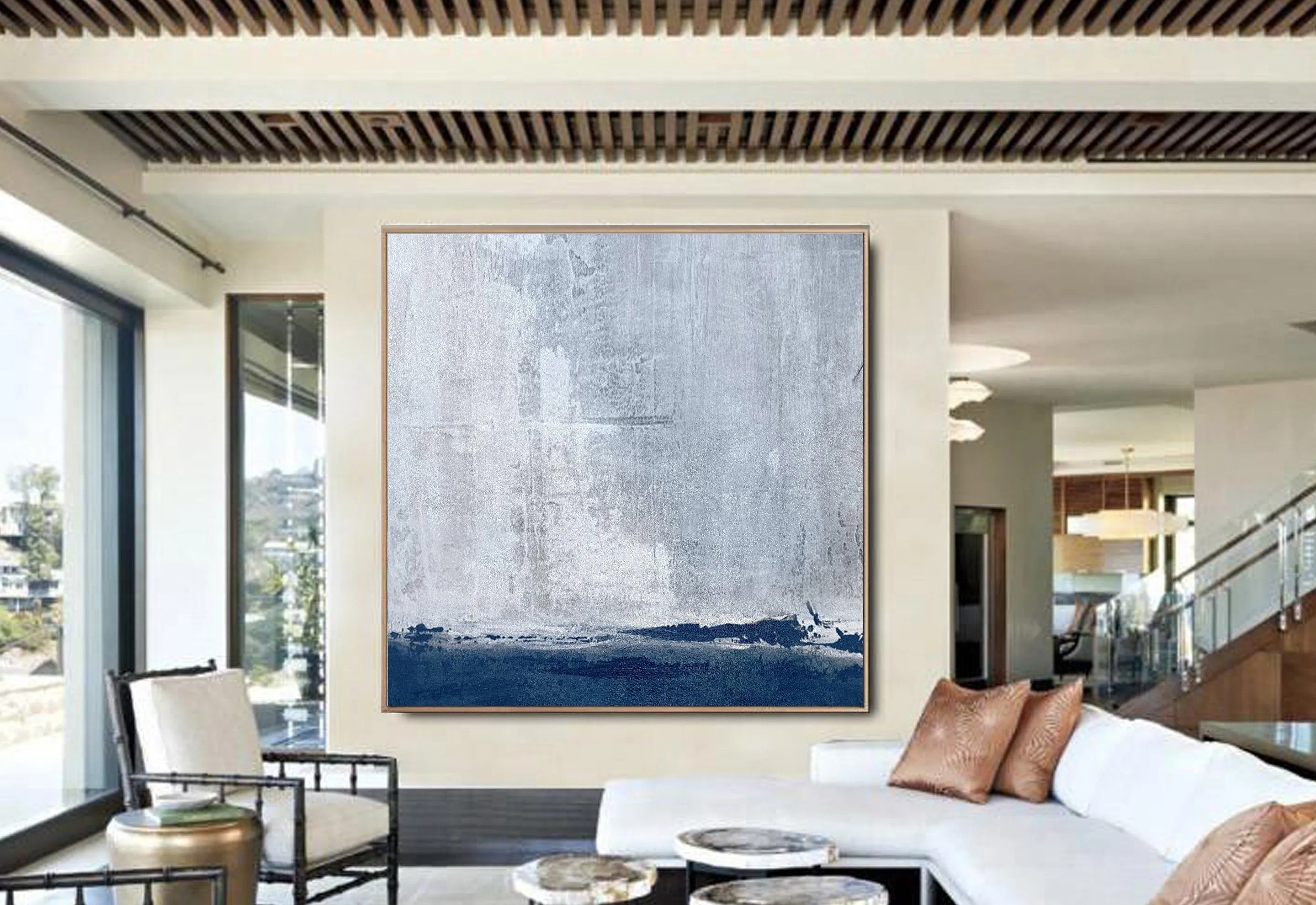 Deep Blue Grey Sky Abstract Painting Beautiful Canvas Wall Art Np046