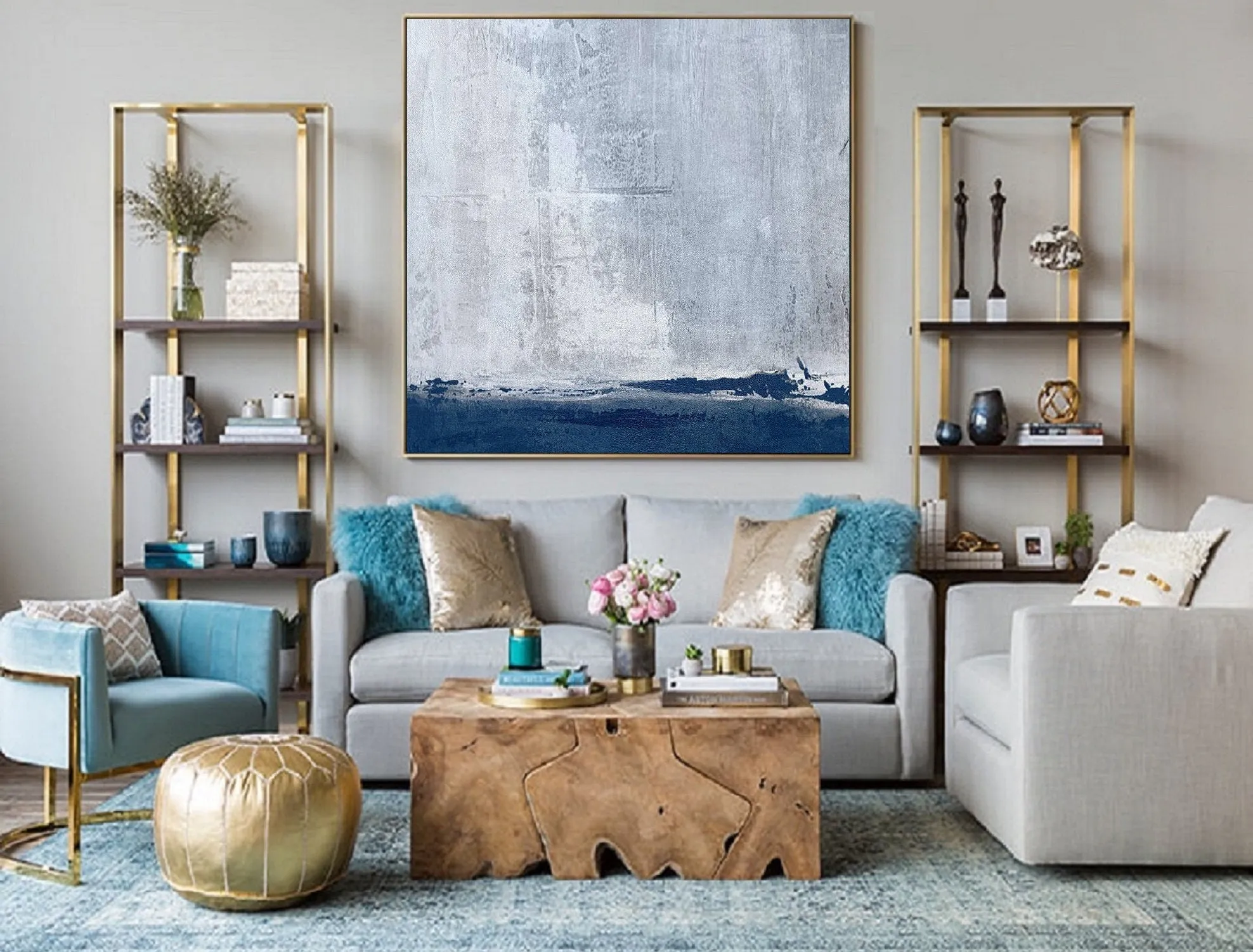 Deep Blue Grey Sky Abstract Painting Beautiful Canvas Wall Art Np046