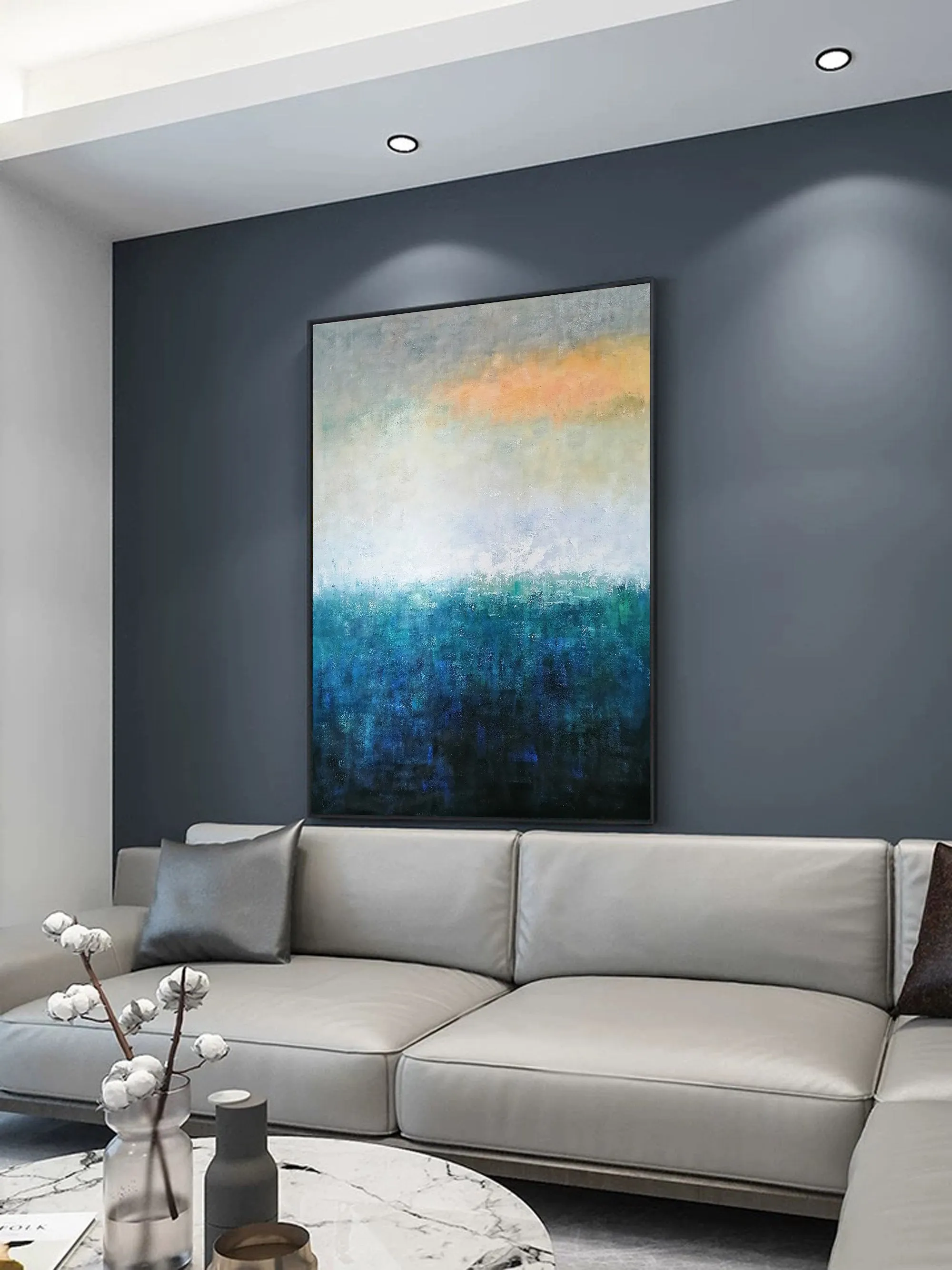 Deep Blue White Yellow Abstract Painting on Canvas Original Yp020