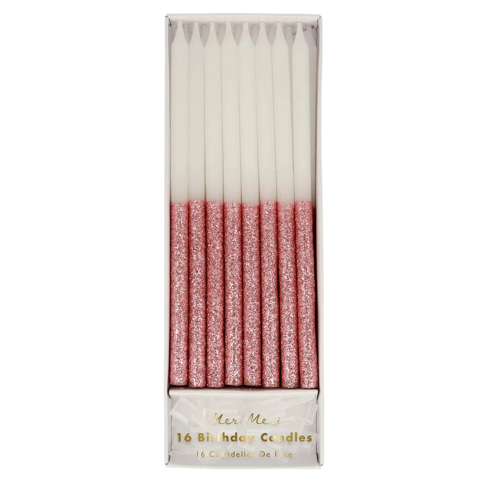 Dusty Pink Glitter Dipped Candles, Set of 16 Tall White Birthday Candles Dipped in Sparkling Dark Pink Glitter