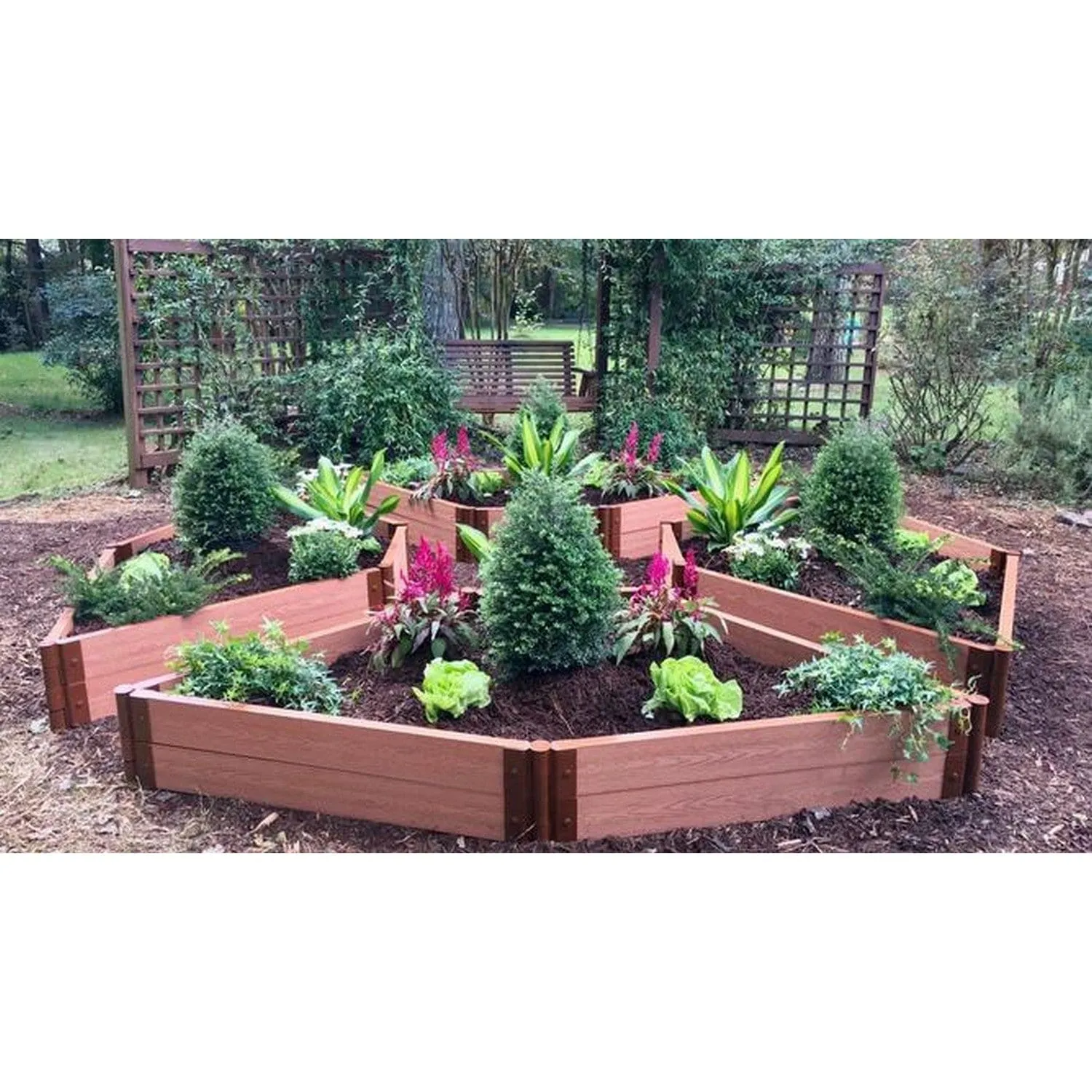 Frame It All | Tool-Free Elizabethan Garden Raised Garden Bed (4-Sided Triangle) 12' X 12' X 5.5" - Weathered Wood - 1" Profile