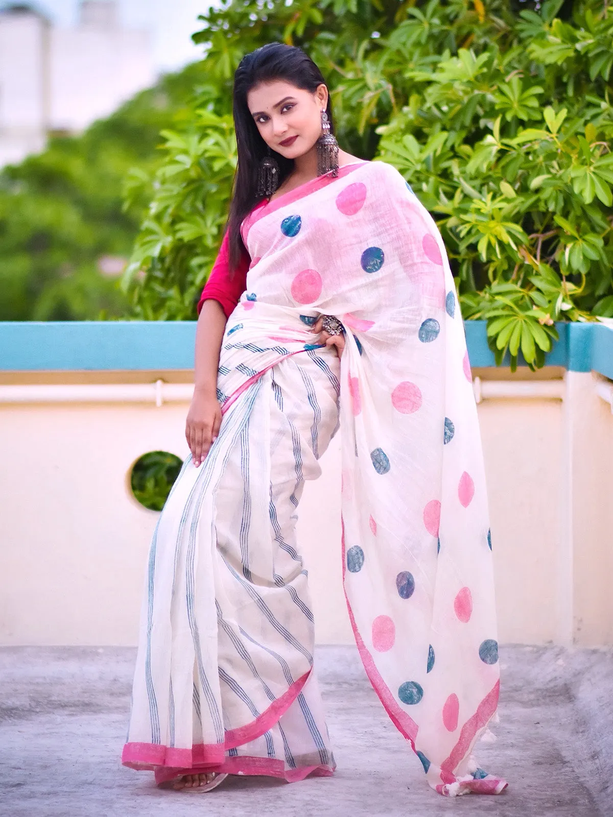 Geometry Pink Navy Dots Saree