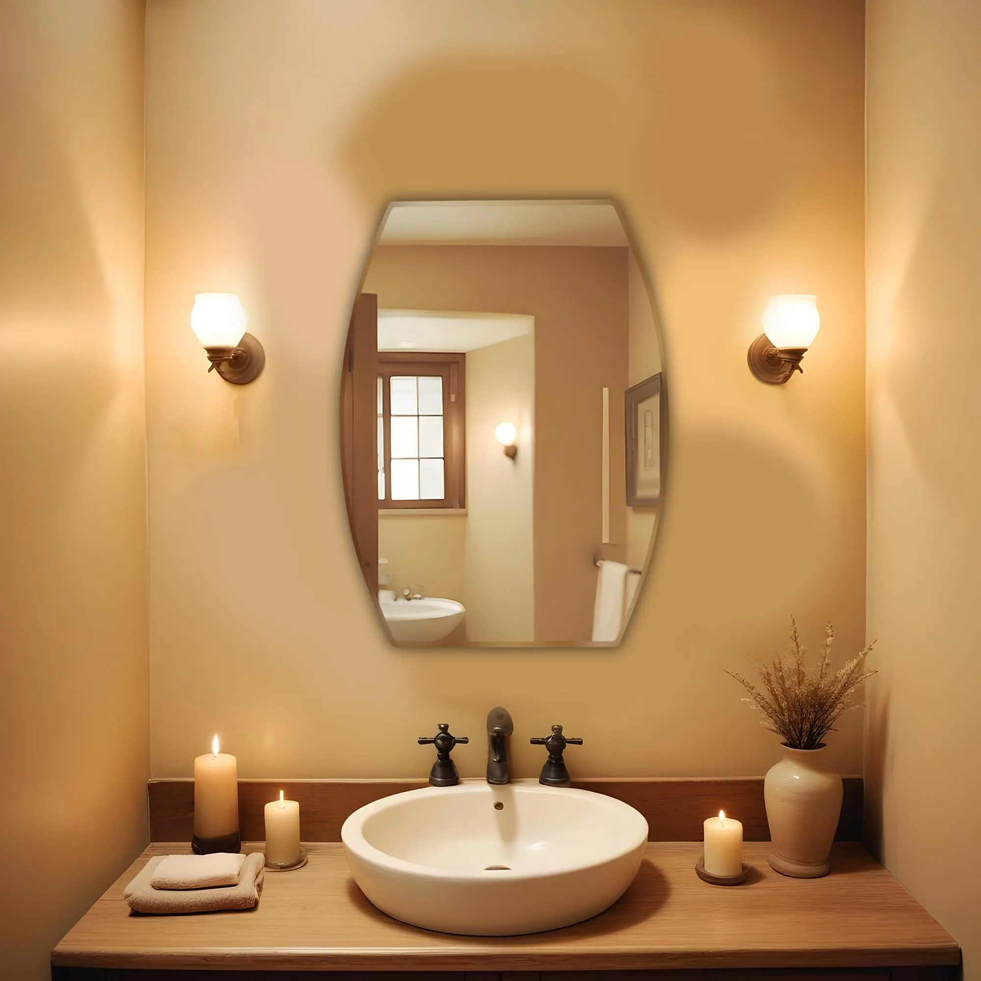 Germa Sanitarywares Semi-Oval Rectangular Wall Mounted Frameless Mirror with Beveled Edges/Wall Mirror for Bathroom/Living Room/Bed Room/Dressing Room – 18x24inch