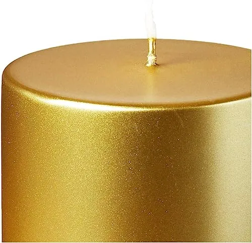 Gilded Serenity in Every Flicker: Set of 4 Intricately Carved Metal Pillar Candles, Expertly Coated in Lustrous Gold, Elevating Your Environment with Timeless Elegance and Tranquility