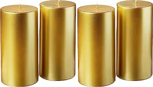 Gilded Serenity in Every Flicker: Set of 4 Intricately Carved Metal Pillar Candles, Expertly Coated in Lustrous Gold, Elevating Your Environment with Timeless Elegance and Tranquility