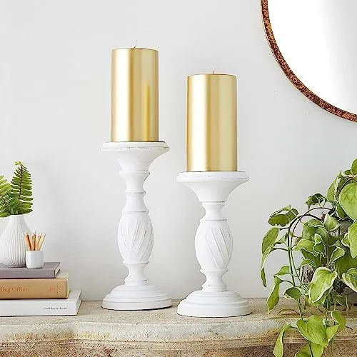Gilded Serenity in Every Flicker: Set of 4 Intricately Carved Metal Pillar Candles, Expertly Coated in Lustrous Gold, Elevating Your Environment with Timeless Elegance and Tranquility