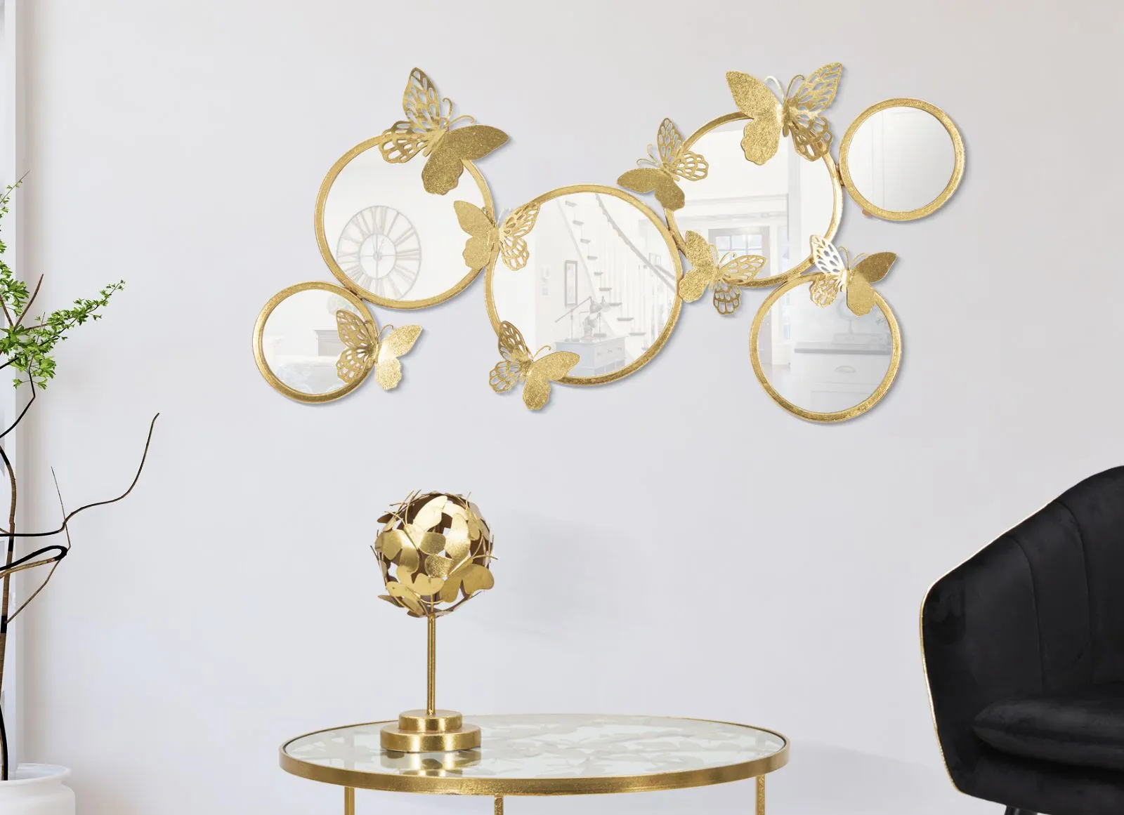 Golden Round Wall Mirrors with Butterflies
