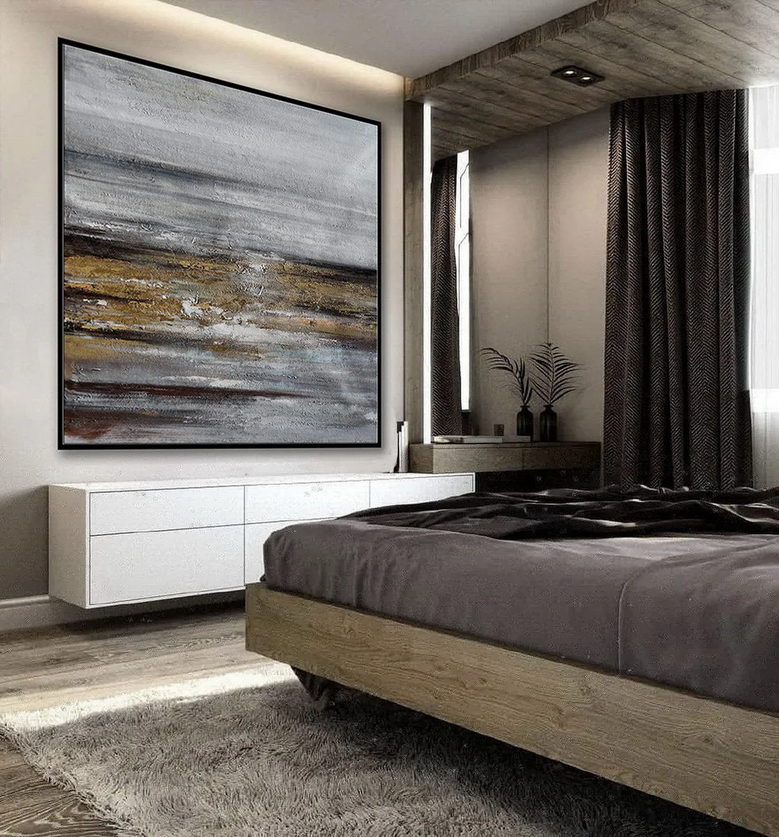 Gray Whhite Yellow Gold Abstract Painting Minimalist Abstract Oversize Ap084