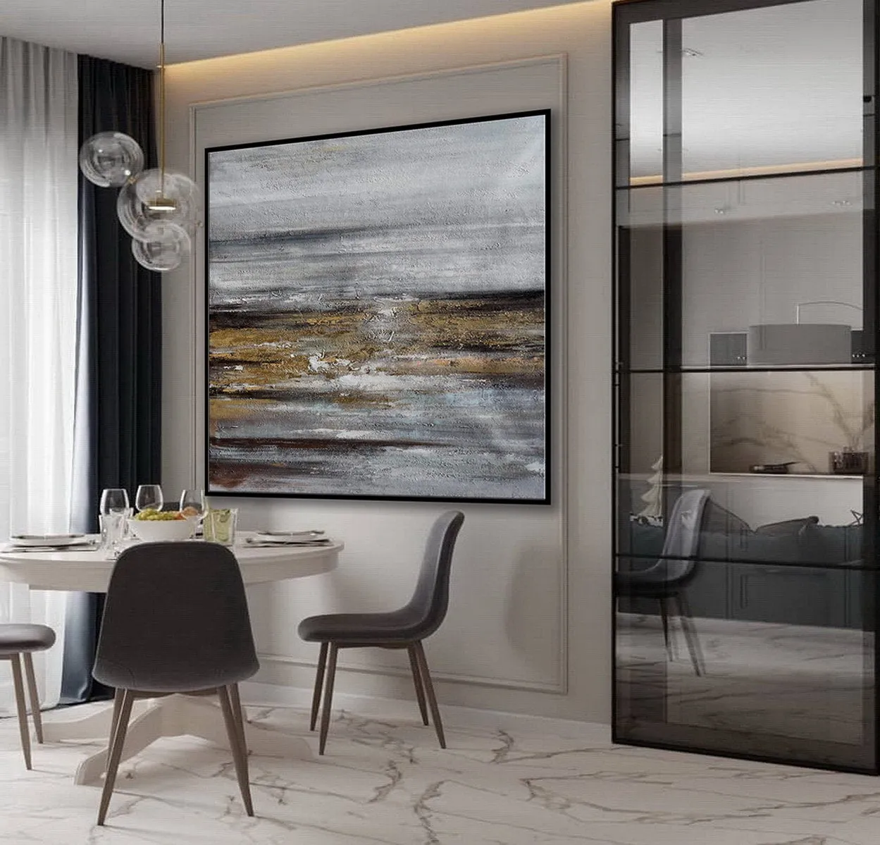 Gray Whhite Yellow Gold Abstract Painting Minimalist Abstract Oversize Ap084