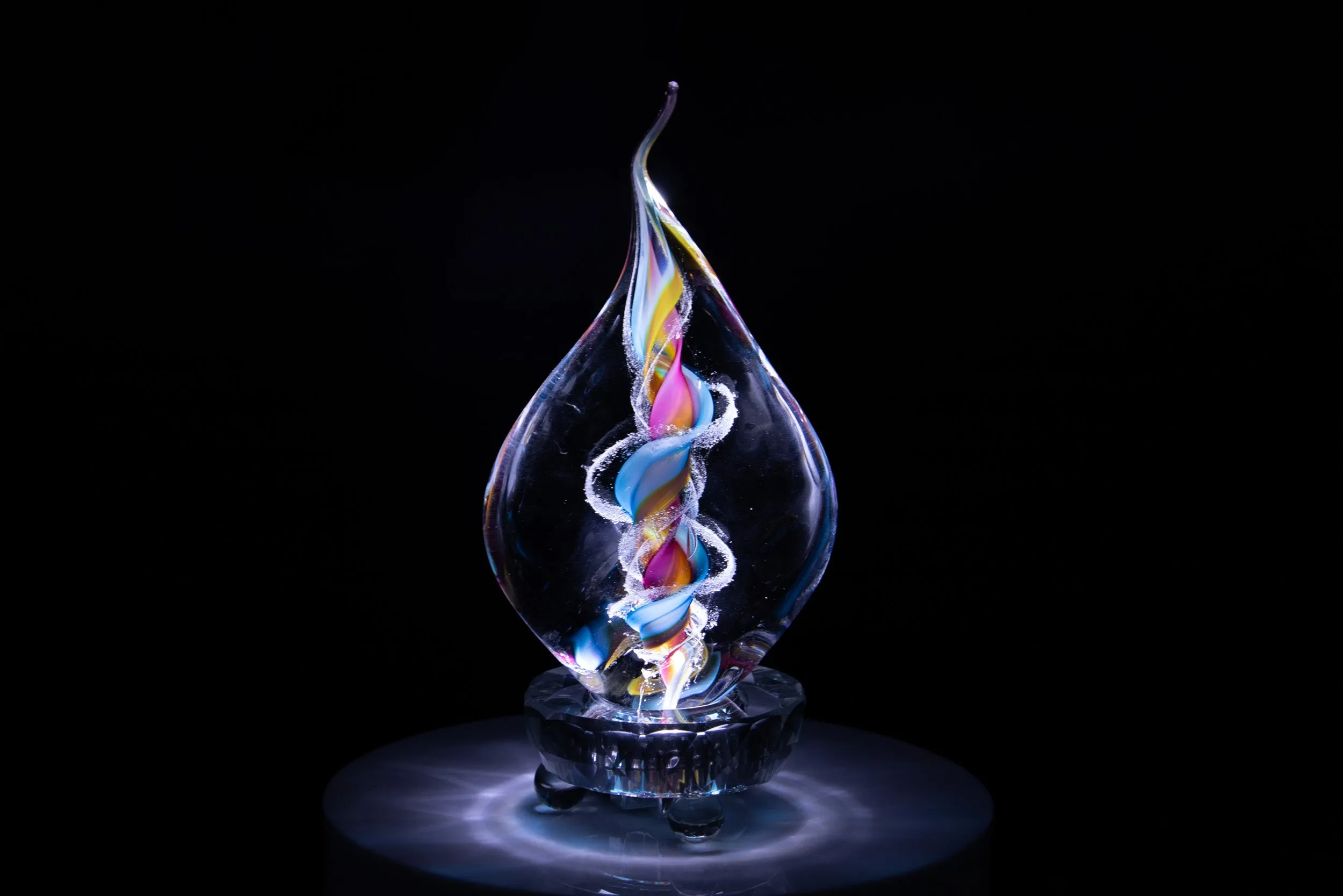 Illuminated Tri-Color Glass Flame Paperweight with Ashes