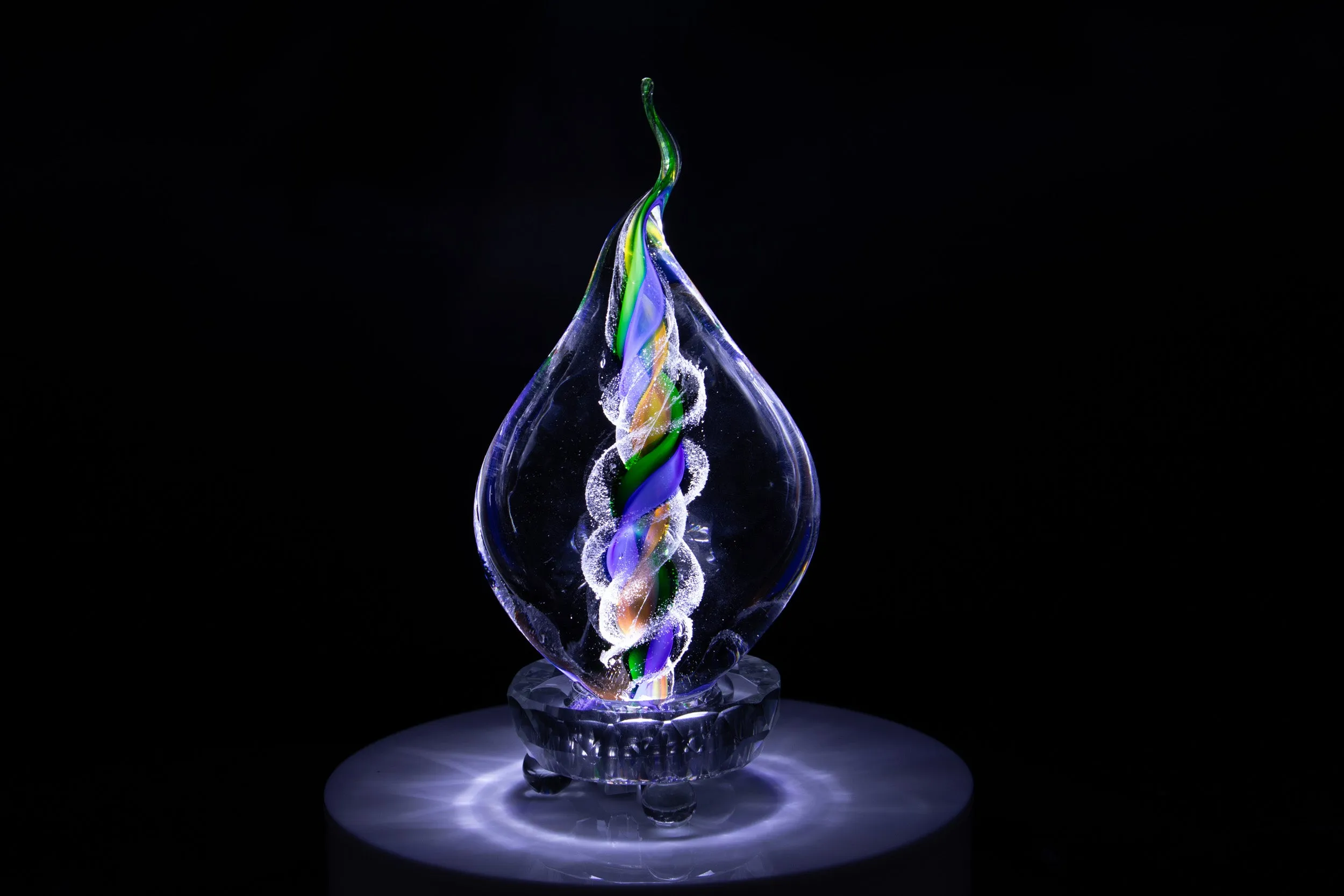 Illuminated Tri-Color Glass Flame Paperweight with Ashes
