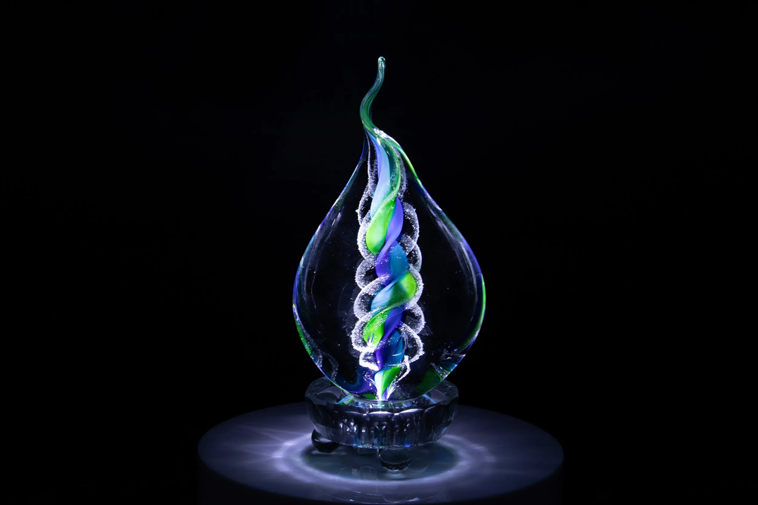 Illuminated Tri-Color Glass Flame Paperweight with Ashes