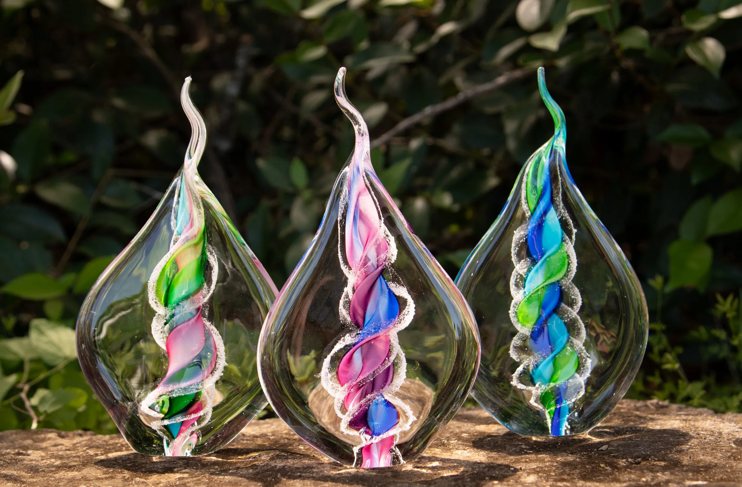 Illuminated Tri-Color Glass Flame Paperweight with Ashes