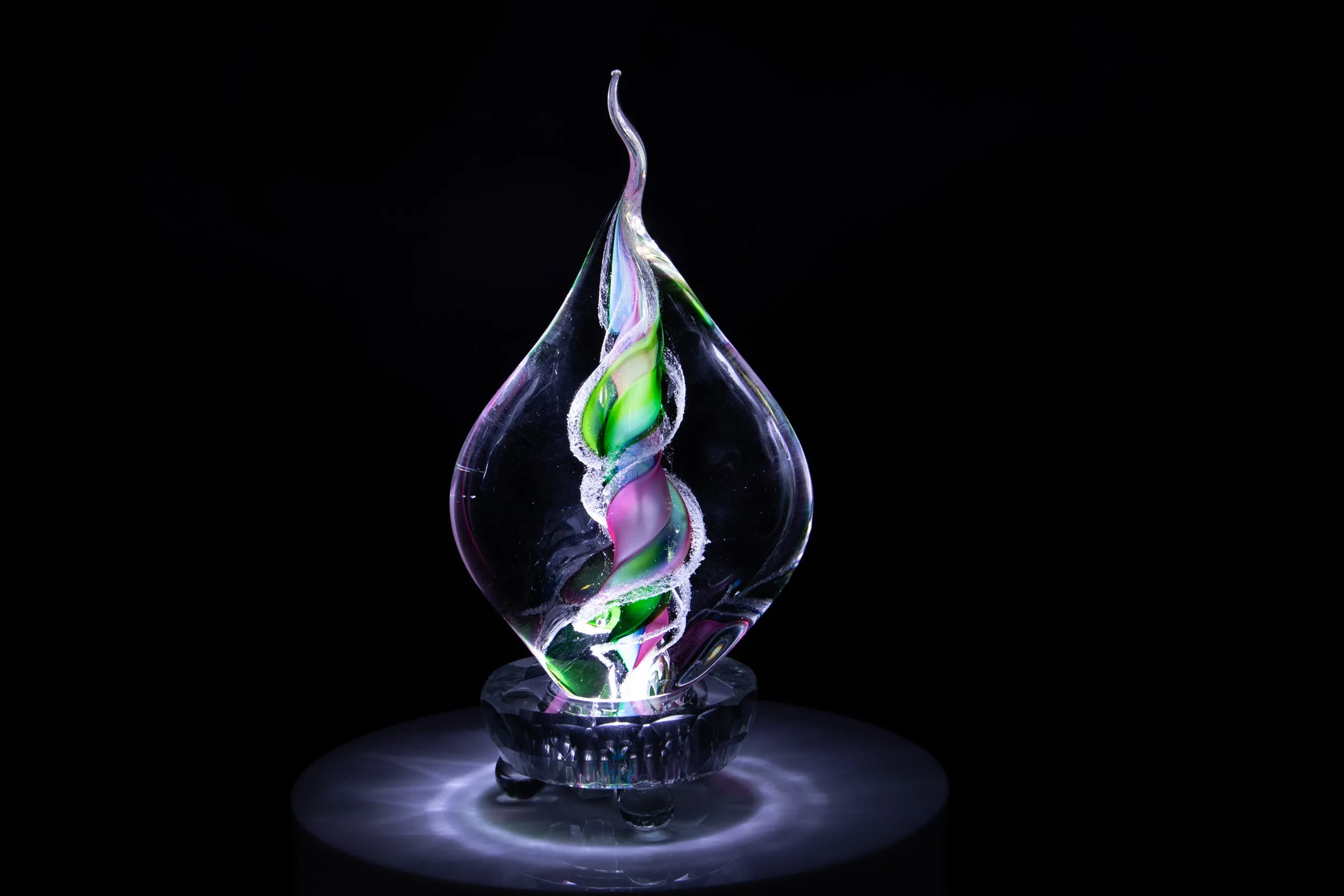 Illuminated Tri-Color Glass Flame Paperweight with Ashes