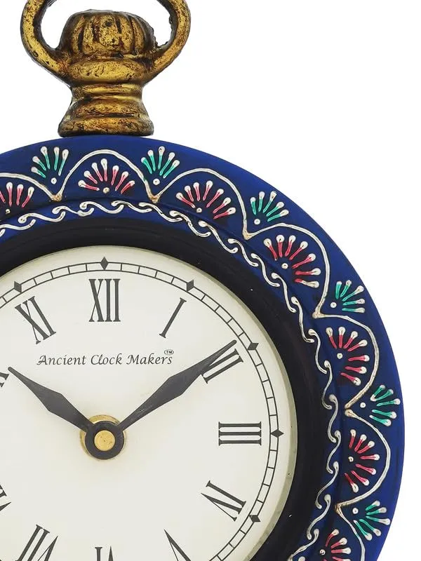 INDIANA CRAFT Beautiful Hanger Style Round Wooden Case Blue Roman Numbers Table Clock Office Desk Decor Home Study Room Gifts (Size: 15.5 x 5 x 20 CM | Weight: 375 Gram)