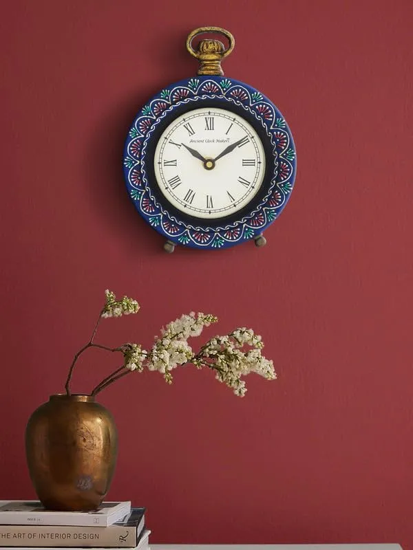 INDIANA CRAFT Beautiful Hanger Style Round Wooden Case Blue Roman Numbers Table Clock Office Desk Decor Home Study Room Gifts (Size: 15.5 x 5 x 20 CM | Weight: 375 Gram)