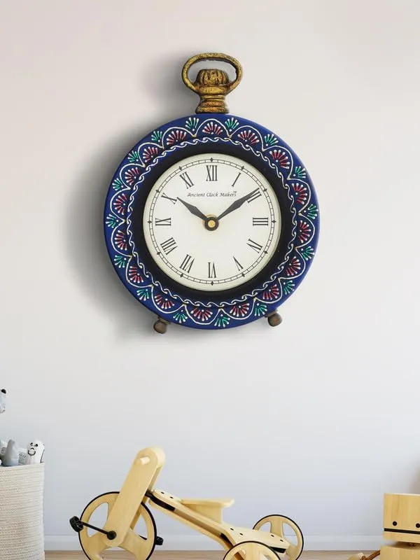 INDIANA CRAFT Beautiful Hanger Style Round Wooden Case Blue Roman Numbers Table Clock Office Desk Decor Home Study Room Gifts (Size: 15.5 x 5 x 20 CM | Weight: 375 Gram)
