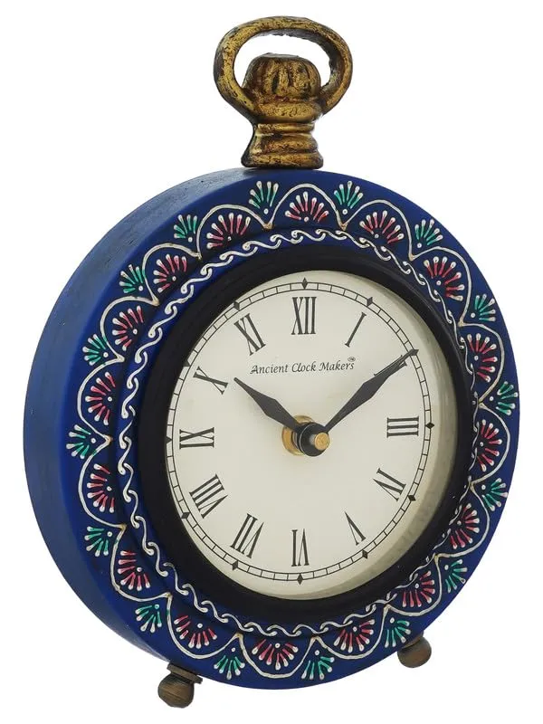 INDIANA CRAFT Beautiful Hanger Style Round Wooden Case Blue Roman Numbers Table Clock Office Desk Decor Home Study Room Gifts (Size: 15.5 x 5 x 20 CM | Weight: 375 Gram)