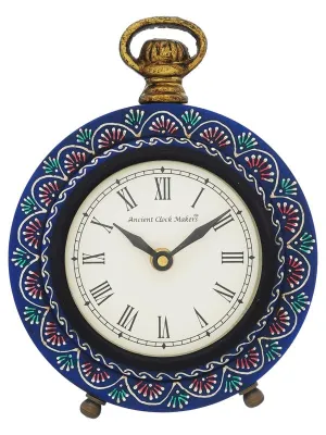 INDIANA CRAFT Beautiful Hanger Style Round Wooden Case Blue Roman Numbers Table Clock Office Desk Decor Home Study Room Gifts (Size: 15.5 x 5 x 20 CM | Weight: 375 Gram)