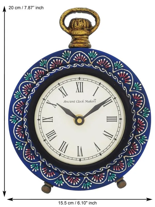 INDIANA CRAFT Beautiful Hanger Style Round Wooden Case Blue Roman Numbers Table Clock Office Desk Decor Home Study Room Gifts (Size: 15.5 x 5 x 20 CM | Weight: 375 Gram)