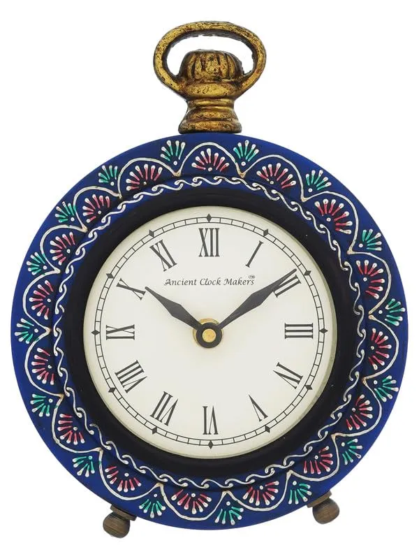 INDIANA CRAFT Beautiful Hanger Style Round Wooden Case Blue Roman Numbers Table Clock Office Desk Decor Home Study Room Gifts (Size: 15.5 x 5 x 20 CM | Weight: 375 Gram)