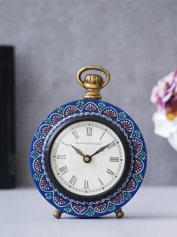 INDIANA CRAFT Beautiful Hanger Style Round Wooden Case Blue Roman Numbers Table Clock Office Desk Decor Home Study Room Gifts (Size: 15.5 x 5 x 20 CM | Weight: 375 Gram)