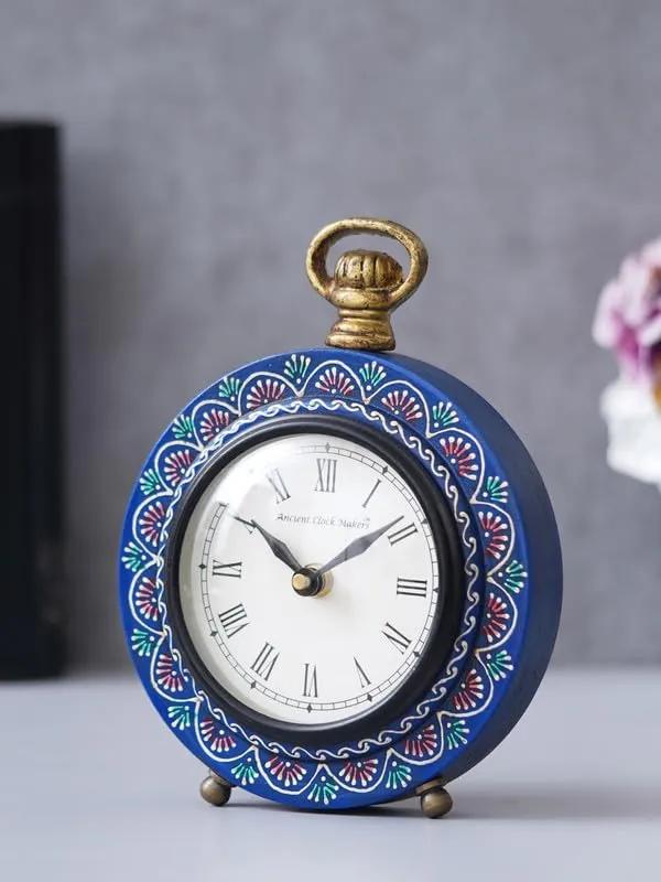 INDIANA CRAFT Beautiful Hanger Style Round Wooden Case Blue Roman Numbers Table Clock Office Desk Decor Home Study Room Gifts (Size: 15.5 x 5 x 20 CM | Weight: 375 Gram)