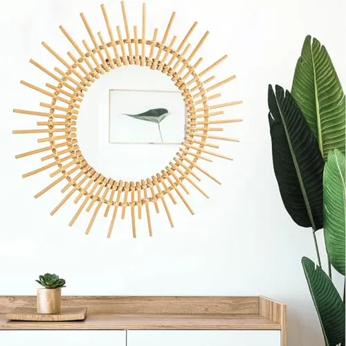 IRA Furniture Rattan Sun Burst Mirror Wall Decor, Boho Round Woven Wicker Hanging, Gold, Large (Sun 23.6 cm)