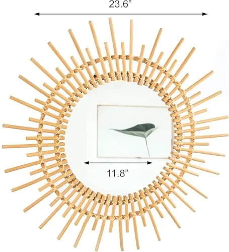 IRA Furniture Rattan Sun Burst Mirror Wall Decor, Boho Round Woven Wicker Hanging, Gold, Large (Sun 23.6 cm)