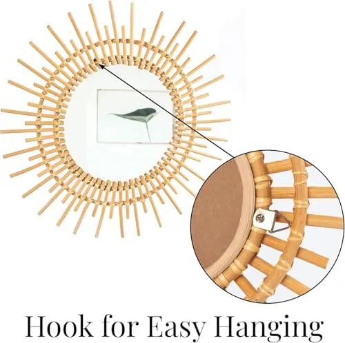 IRA Furniture Rattan Sun Burst Mirror Wall Decor, Boho Round Woven Wicker Hanging, Gold, Large (Sun 23.6 cm)