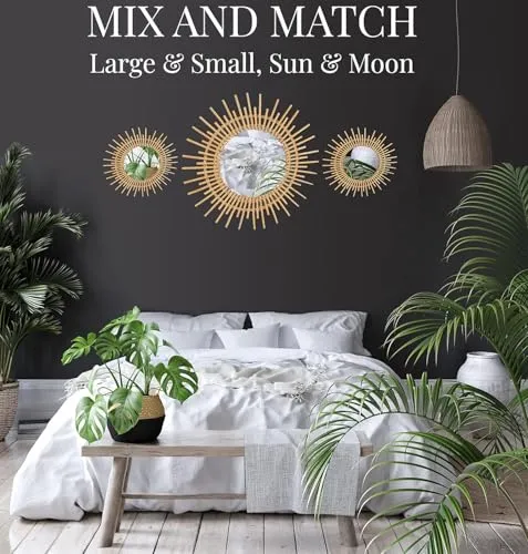 IRA Furniture Rattan Sun Burst Mirror Wall Decor, Boho Round Woven Wicker Hanging, Gold, Large (Sun 23.6 cm)