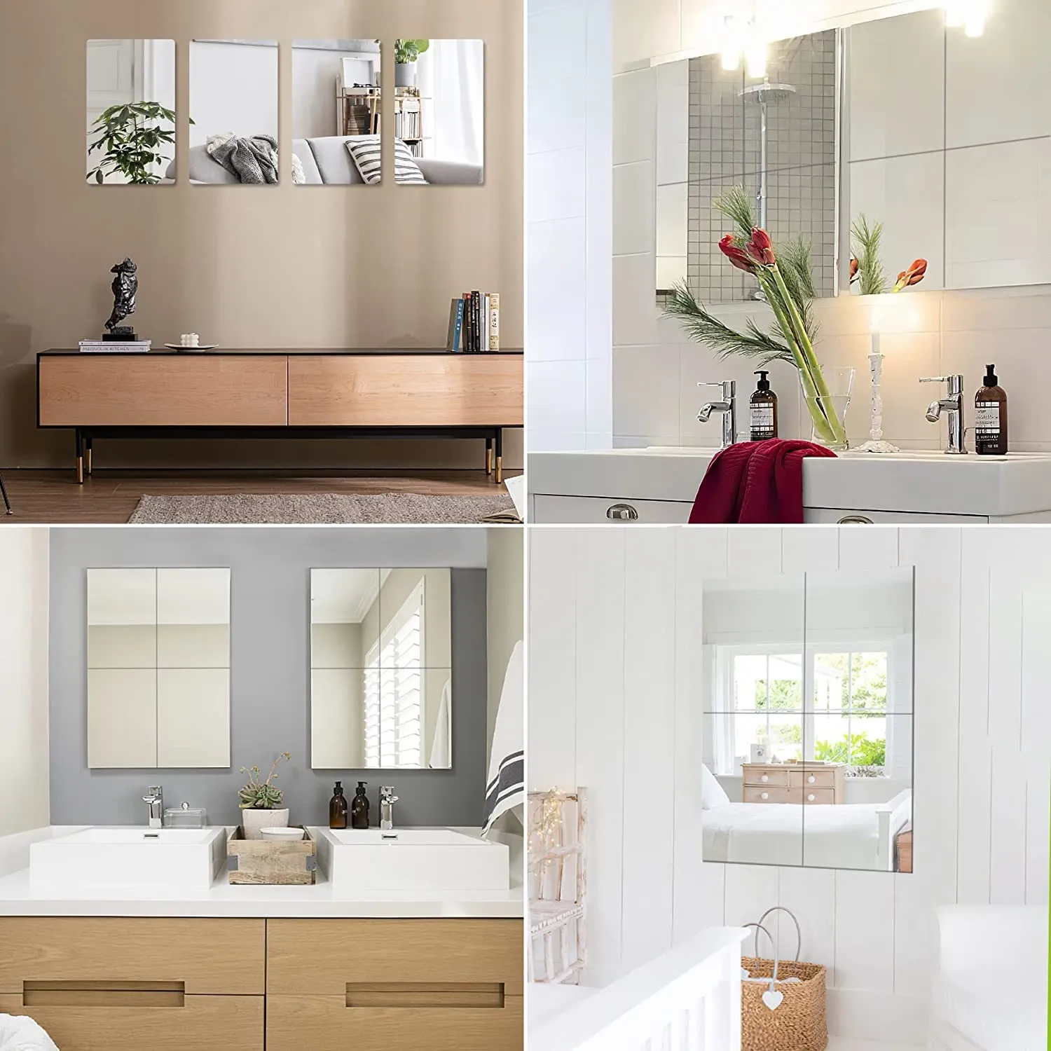 JUNEBRUSHS 4 Pack Self Adhesive Acrylic Mirror Tiles,Flexible Plastic Mirror Sheets Wall Stickers, 2MM Thick, 8 x 8 Inch, Small, Frameless Mirror (Unframed, Square, Transparent)