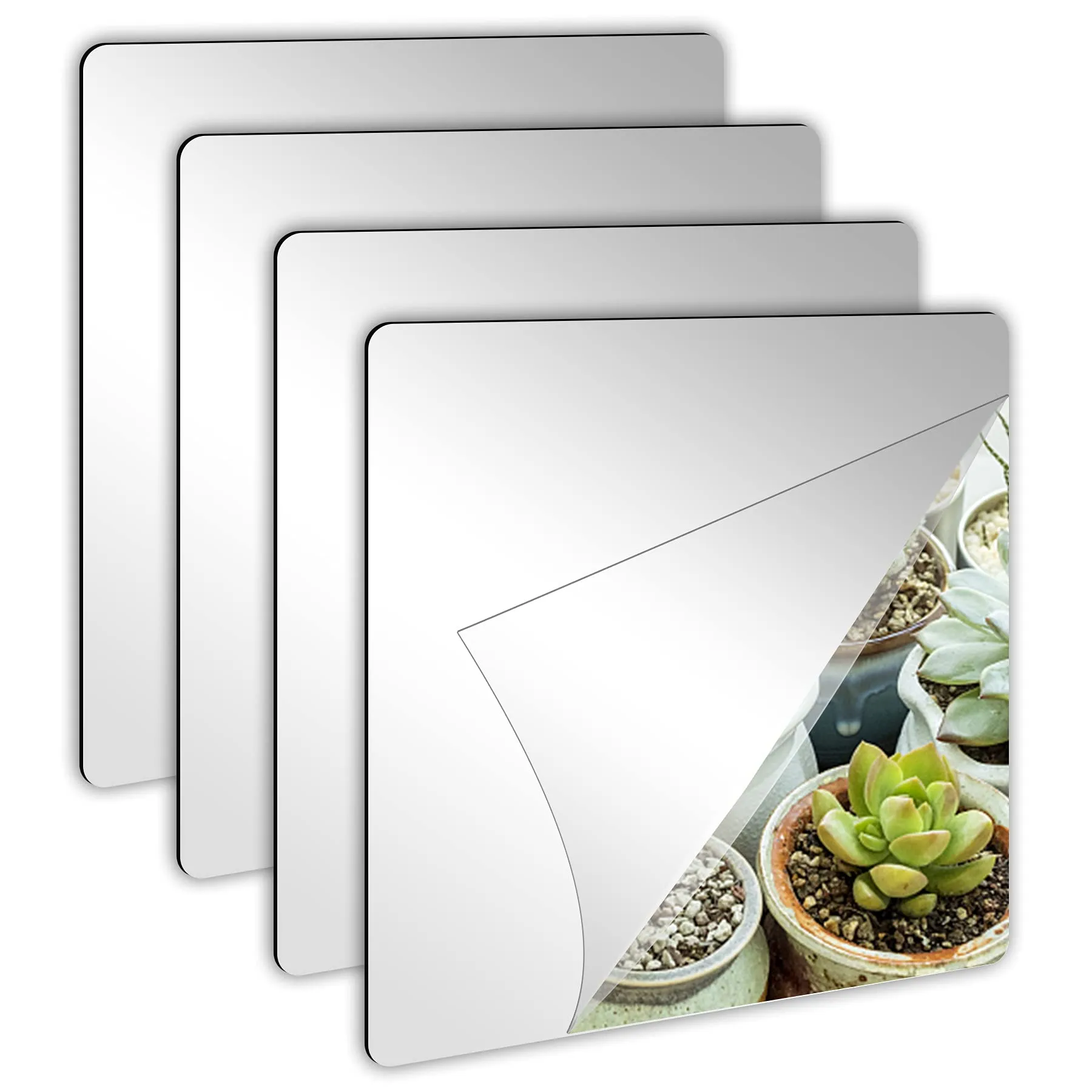 JUNEBRUSHS 4 Pack Self Adhesive Acrylic Mirror Tiles,Flexible Plastic Mirror Sheets Wall Stickers, 2MM Thick, 8 x 8 Inch, Small, Frameless Mirror (Unframed, Square, Transparent)
