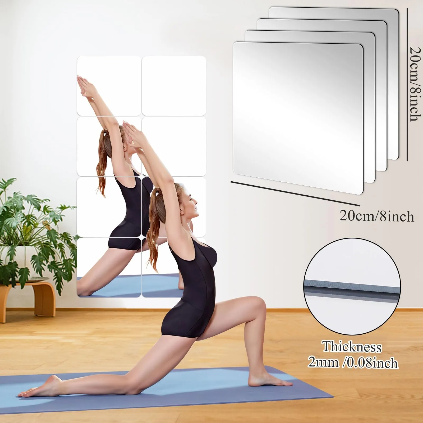 JUNEBRUSHS 4 Pack Self Adhesive Acrylic Mirror Tiles,Flexible Plastic Mirror Sheets Wall Stickers, 2MM Thick, 8 x 8 Inch, Small, Frameless Mirror (Unframed, Square, Transparent)