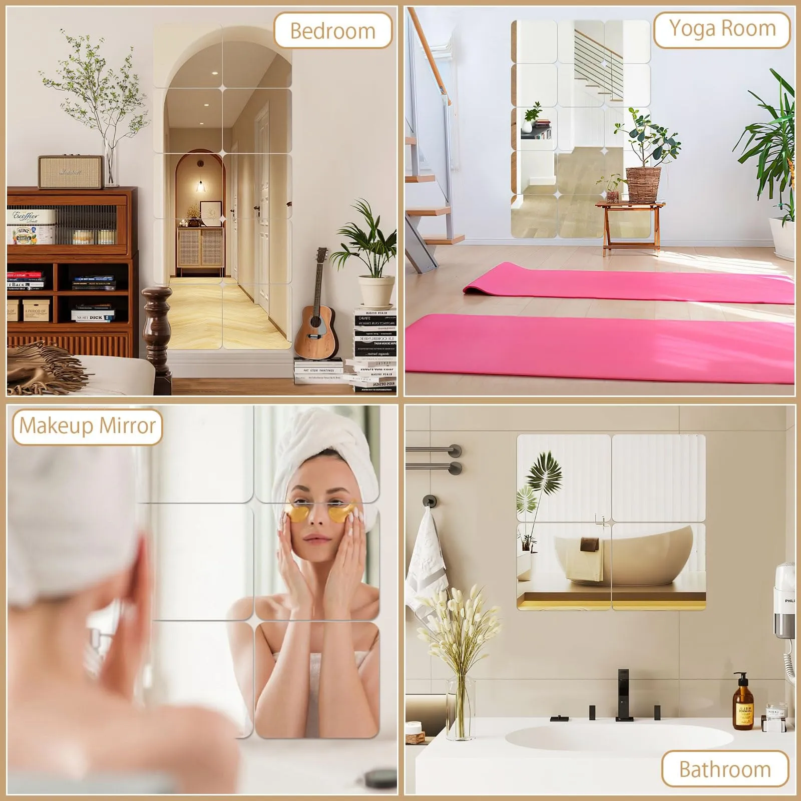 JUNEBRUSHS 4 Pack Self Adhesive Acrylic Mirror Tiles,Flexible Plastic Mirror Sheets Wall Stickers, 2MM Thick, 8 x 8 Inch, Small, Frameless Mirror (Unframed, Square, Transparent)