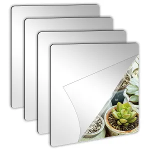 JUNEBRUSHS 4 Pack Self Adhesive Acrylic Mirror Tiles,Flexible Plastic Mirror Sheets Wall Stickers, 2MM Thick, 8 x 8 Inch, Small, Frameless Mirror (Unframed, Square, Transparent)