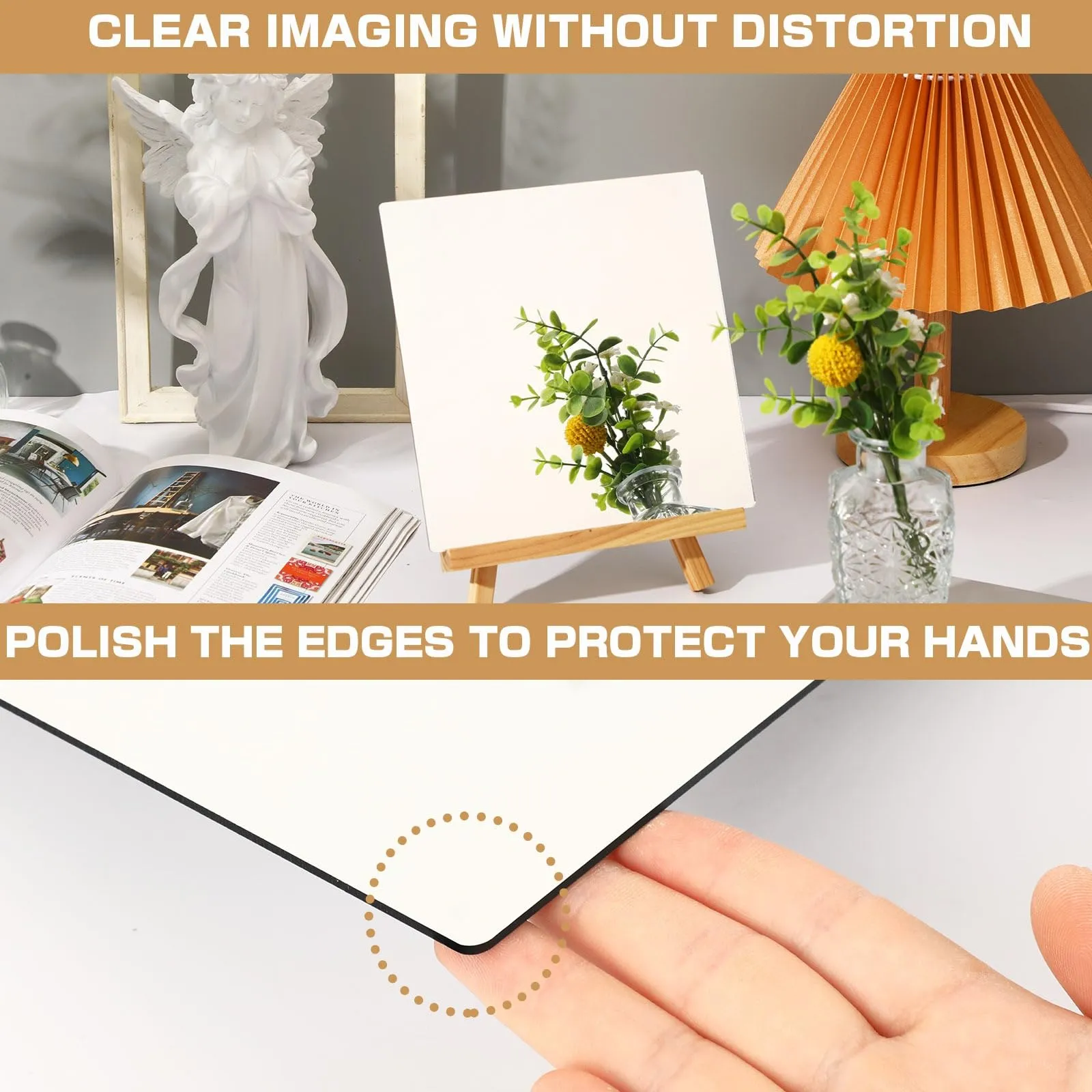 JUNEBRUSHS 4 Pack Self Adhesive Acrylic Mirror Tiles,Flexible Plastic Mirror Sheets Wall Stickers, 2MM Thick, 8 x 8 Inch, Small, Frameless Mirror (Unframed, Square, Transparent)