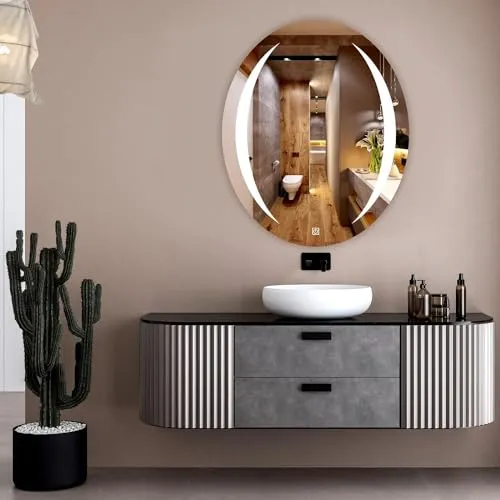 KAMAL INTERIORS Oval Wall Mounting Mirror with Light |Bathroom Mirror,Venity Mirror,Smart Mirror | LED Mirror 3 Tone (Cool White, Natural White, Warm White).